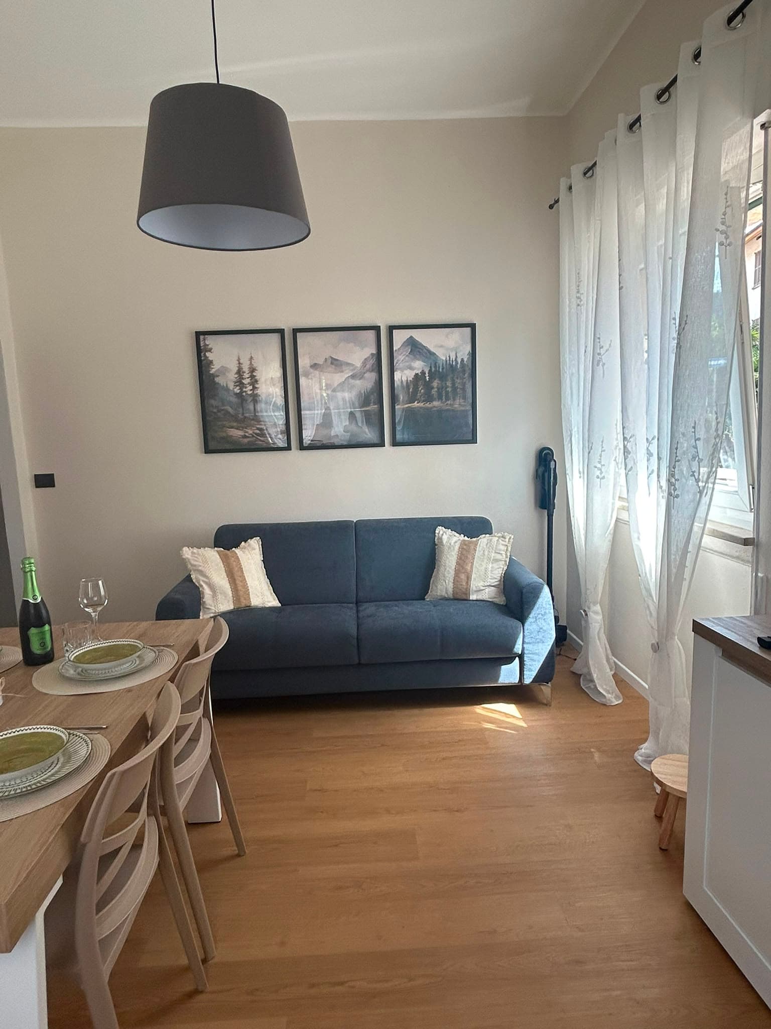 The living room with a blue sofa bed and dining table